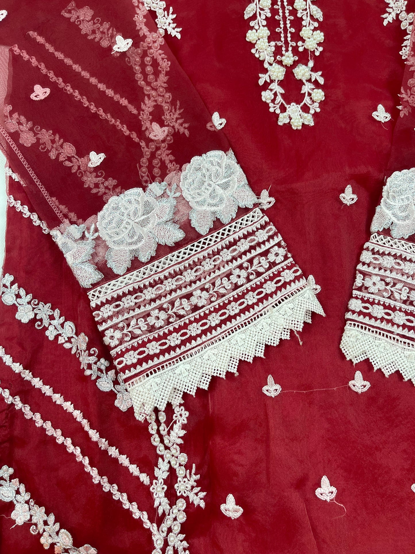 Luxury 3-Piece Stitched Organza Suit – Maroon & White (Hand-Work Edition)