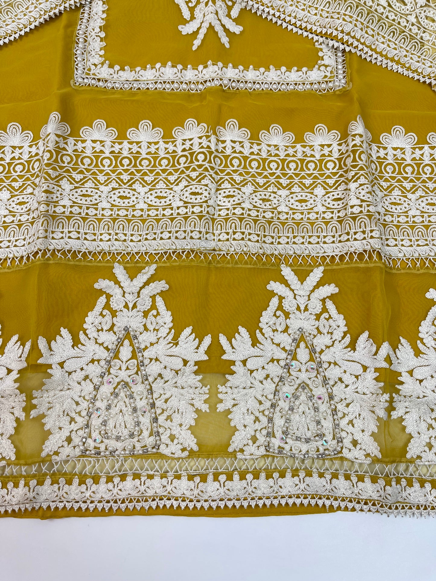 Luxury 3-Piece Stitched Organza Suit – Mustard & Ivory (Hand-Work Edition)