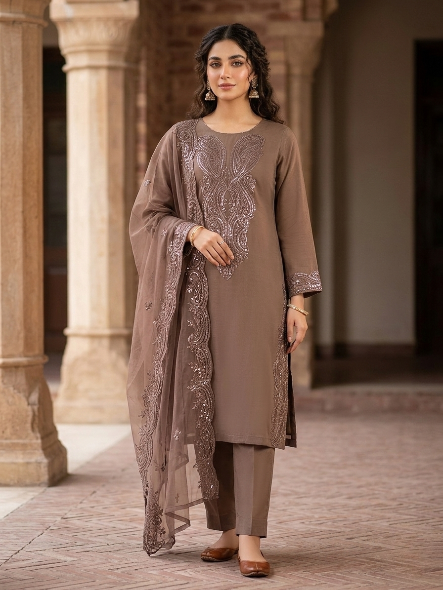 Luxury 3-Piece Stitched Chiffon Suit – Mocha Coffee