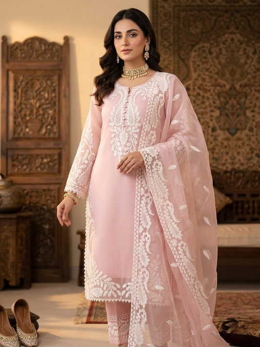 Luxury 3-Piece Stitched Organza Suit – Baby Pink &amp; White (BEST SELLER)