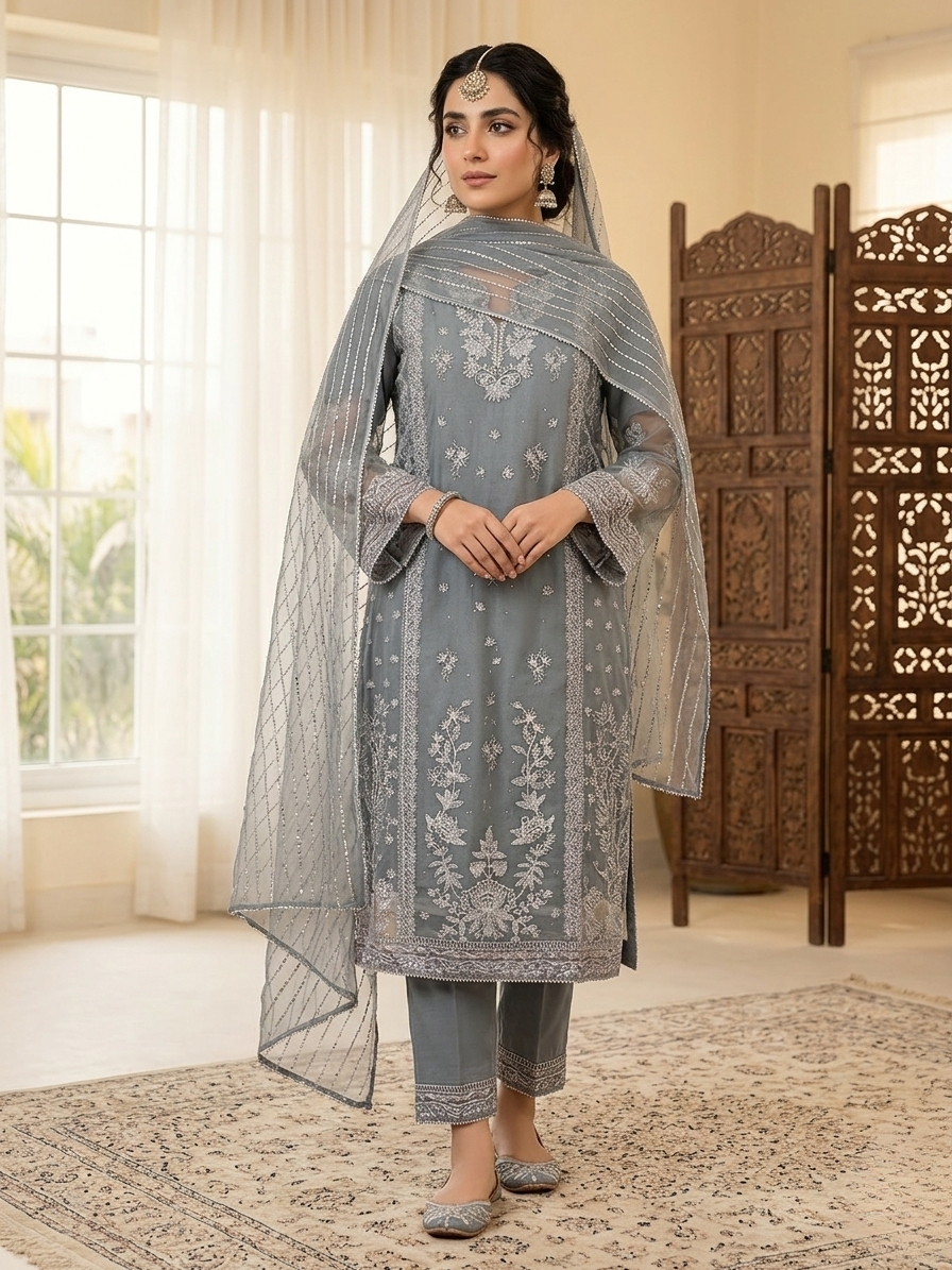 Luxury 3-Piece Stitched Organza Suit – Olive Green &amp; Silver Tilla