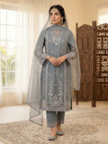 Luxury 3-Piece Stitched Organza Suit – Olive Green &amp; Silver Tilla