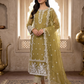 Luxury 3-Piece Stitched Organza Suit – Olive & Ivory