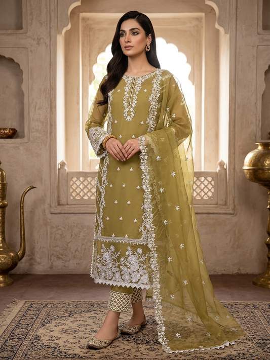 Luxury 3-Piece Stitched Organza Suit – Olive & Ivory