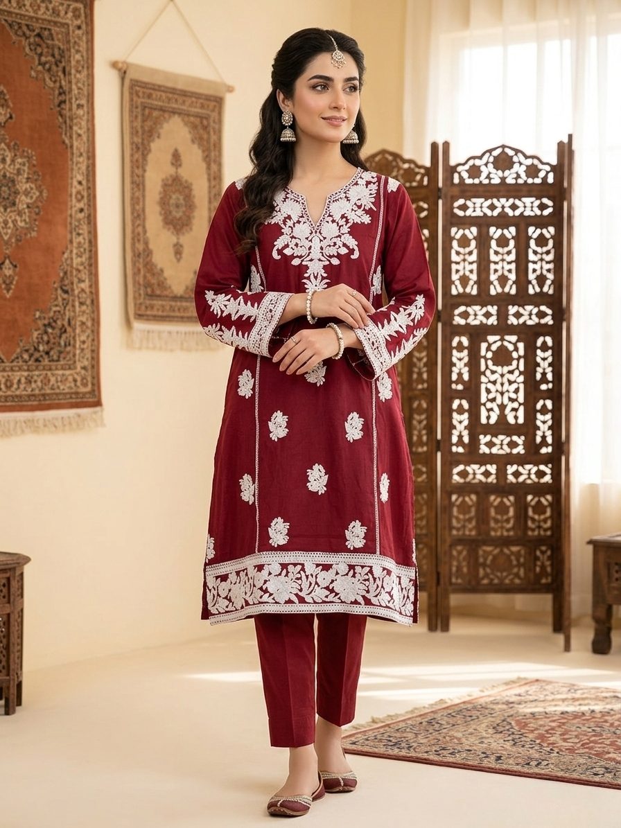 Premium 2-Piece Stitched Embroidered Lawn Suit – Maroon &amp; White