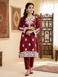 Premium 2-Piece Stitched Embroidered Lawn Suit – Maroon &amp; White