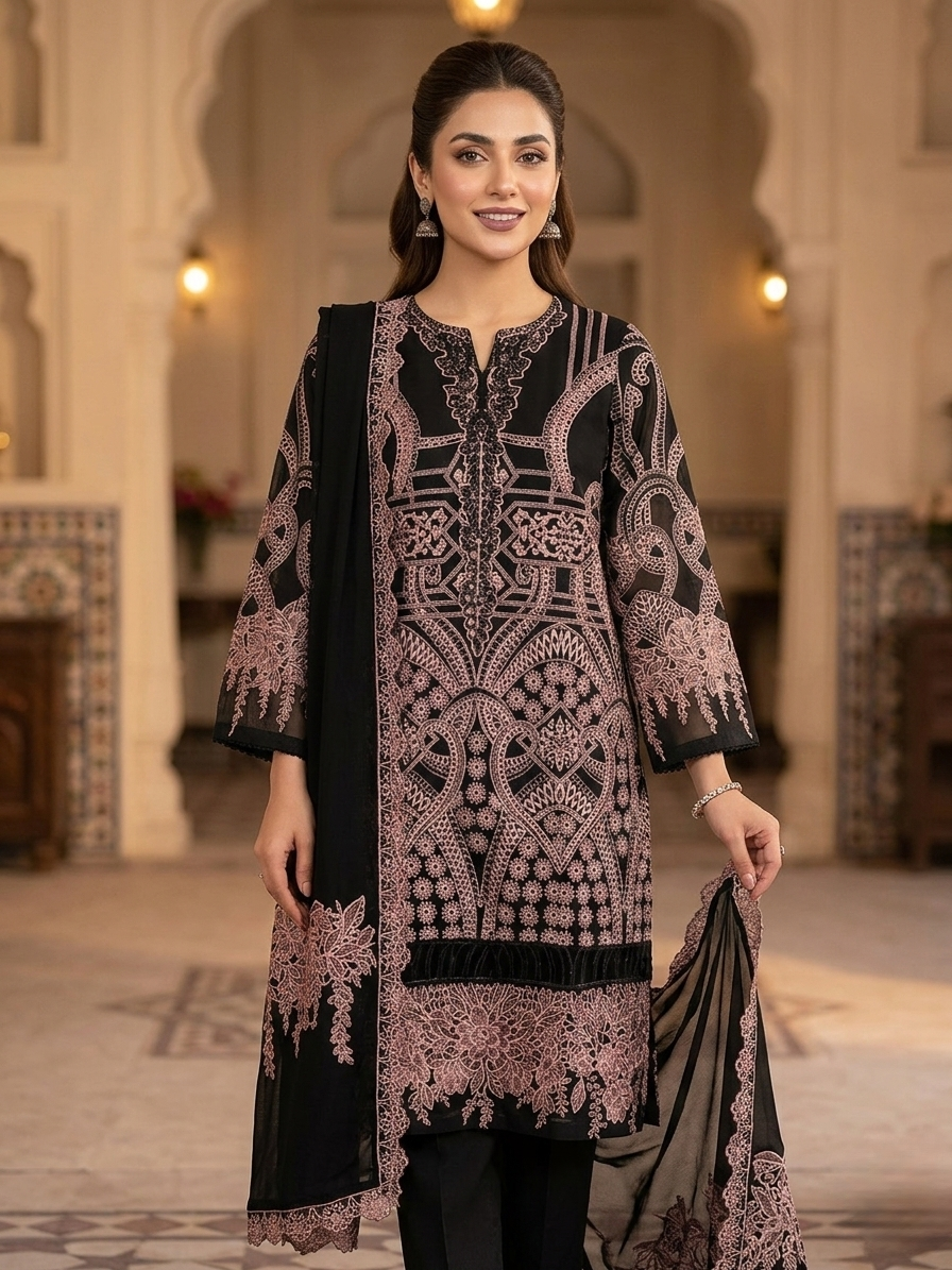 Luxury 3-Piece Stitched Organza Suit – Deep Skin &amp; Black