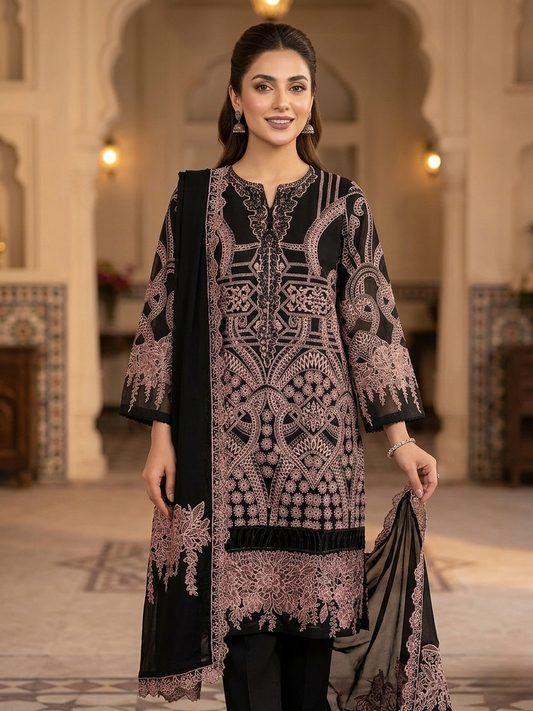 Luxury 3-Piece Stitched Organza Suit – Deep Skin &amp; Black