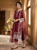 Luxury 3-Piece Stitched Organza Suit – Maroon &amp; White (Hand-Work Edition)