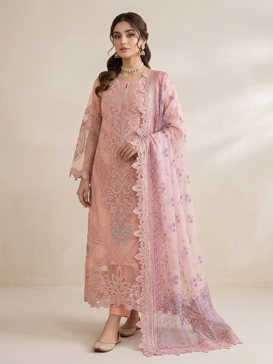 Luxury 3-Piece Stitched Organza Suit – Peach Blossom