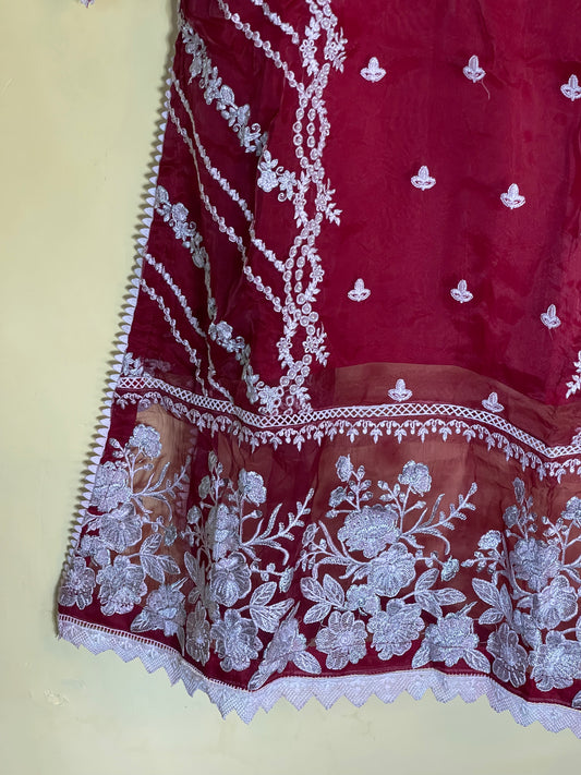 Luxury 3-Piece Stitched Organza Suit – Maroon &amp; White (Hand-Work Edition)