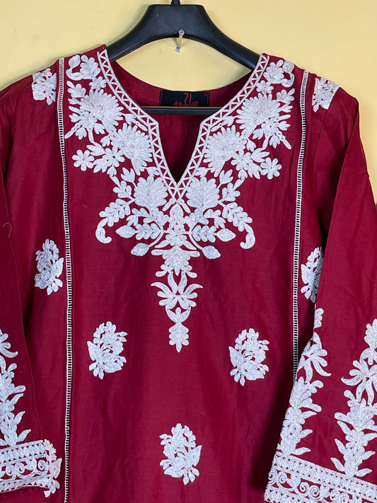 Premium 2-Piece Stitched Embroidered Lawn Suit – Maroon &amp; White