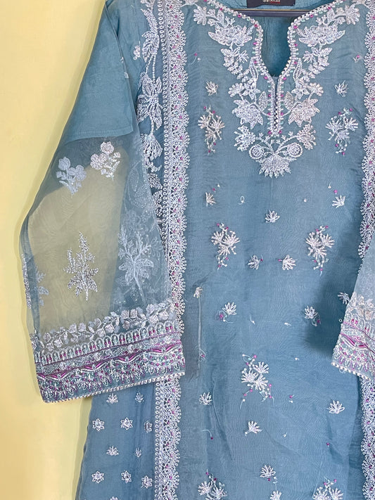 Luxury 3-Piece Stitched Organza Suit – Olive Green &amp; Silver Tilla