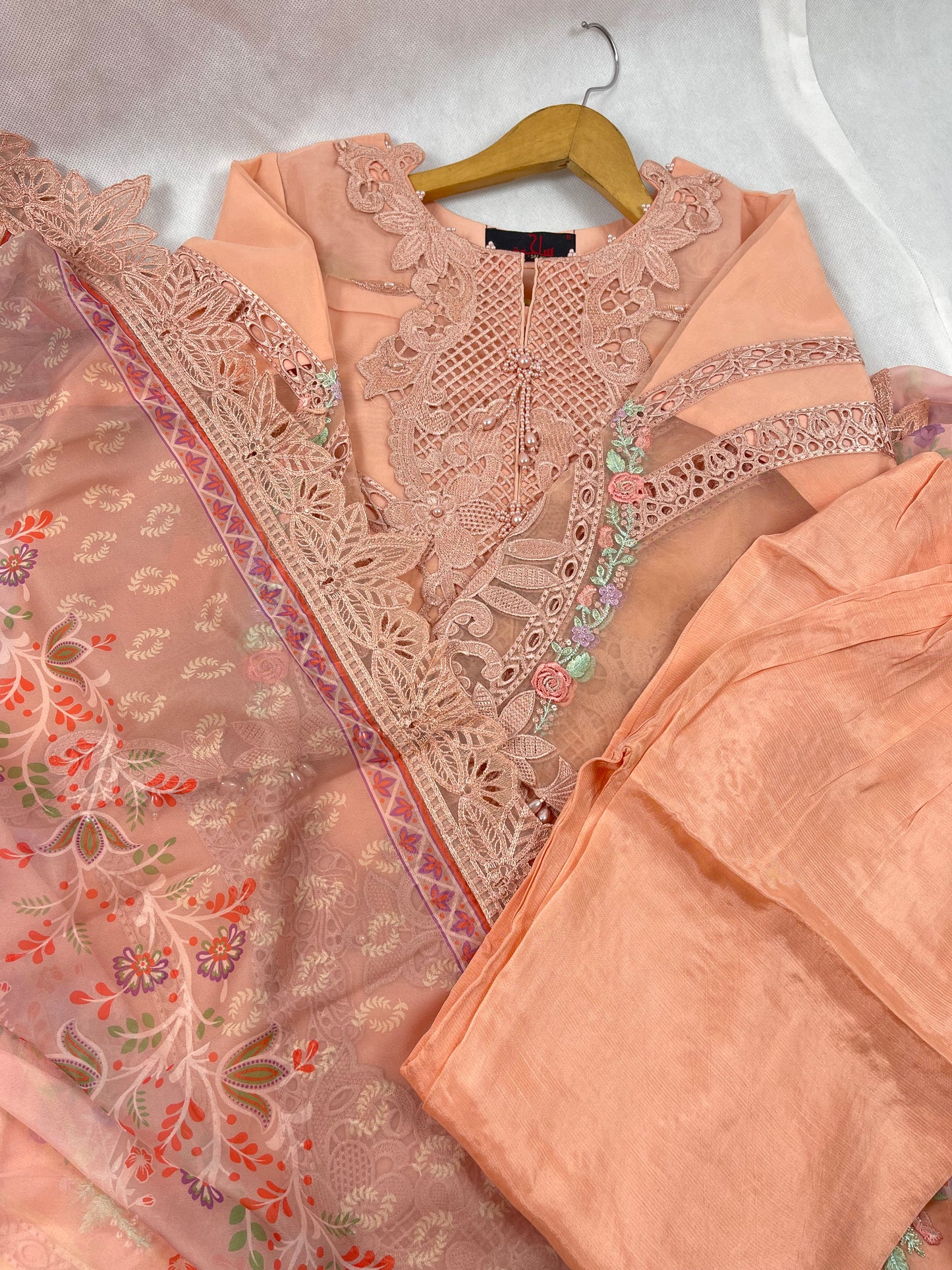 Luxury 3-Piece Stitched Organza Suit – Peach Blossom