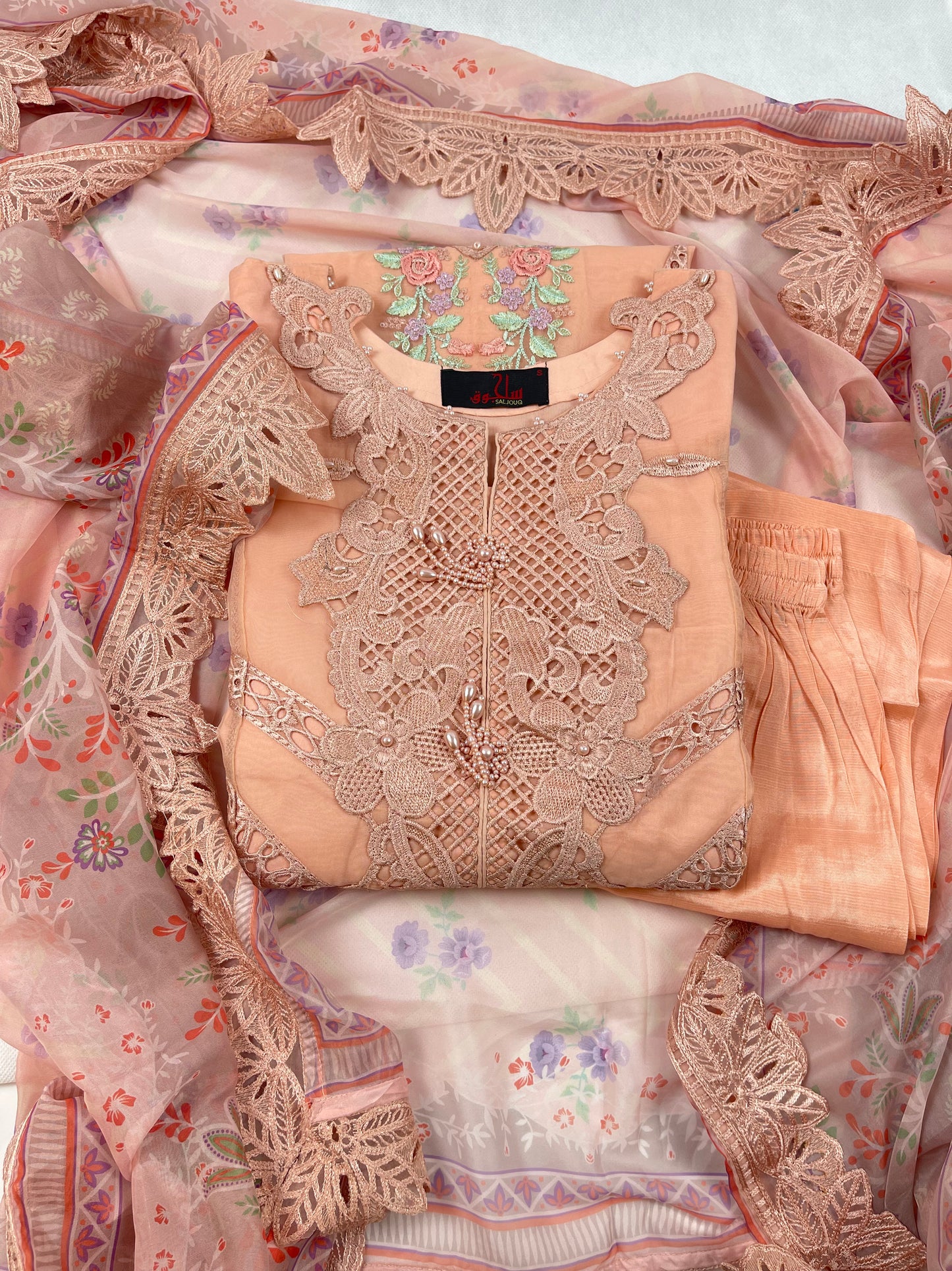 Luxury 3-Piece Stitched Organza Suit – Peach Blossom