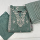 Luxury 3-Piece Stitched Organza Suit – Olive Green &amp; Silver Tilla
