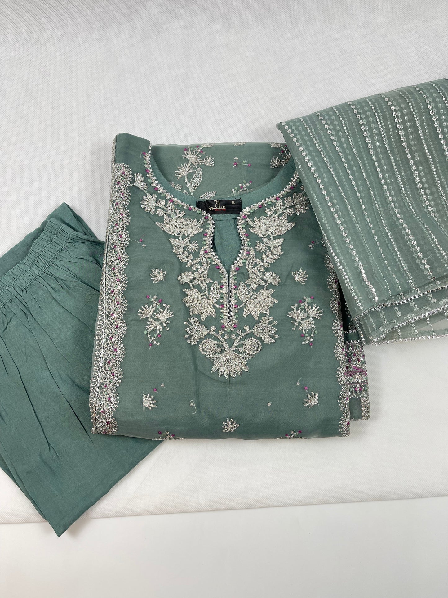 Luxury 3-Piece Stitched Organza Suit – Olive Green &amp; Silver Tilla