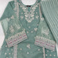Luxury 3-Piece Stitched Organza Suit – Olive Green &amp; Silver Tilla