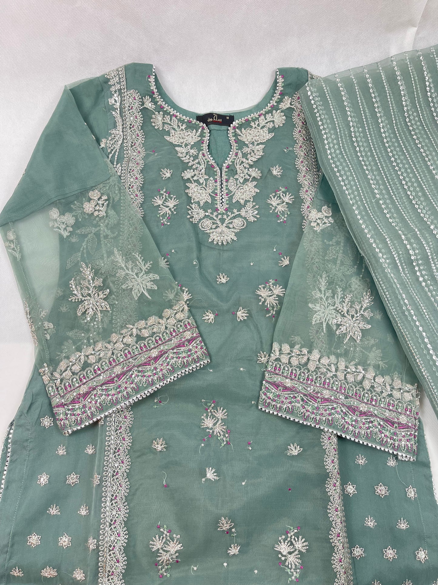 Luxury 3-Piece Stitched Organza Suit – Olive Green &amp; Silver Tilla