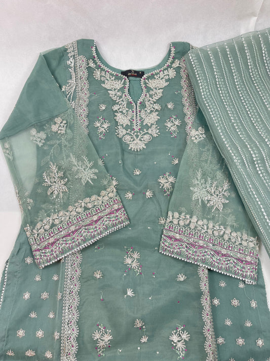 Luxury 3-Piece Stitched Organza Suit – Olive Green &amp; Silver Tilla