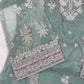 Luxury 3-Piece Stitched Organza Suit – Olive Green &amp; Silver Tilla
