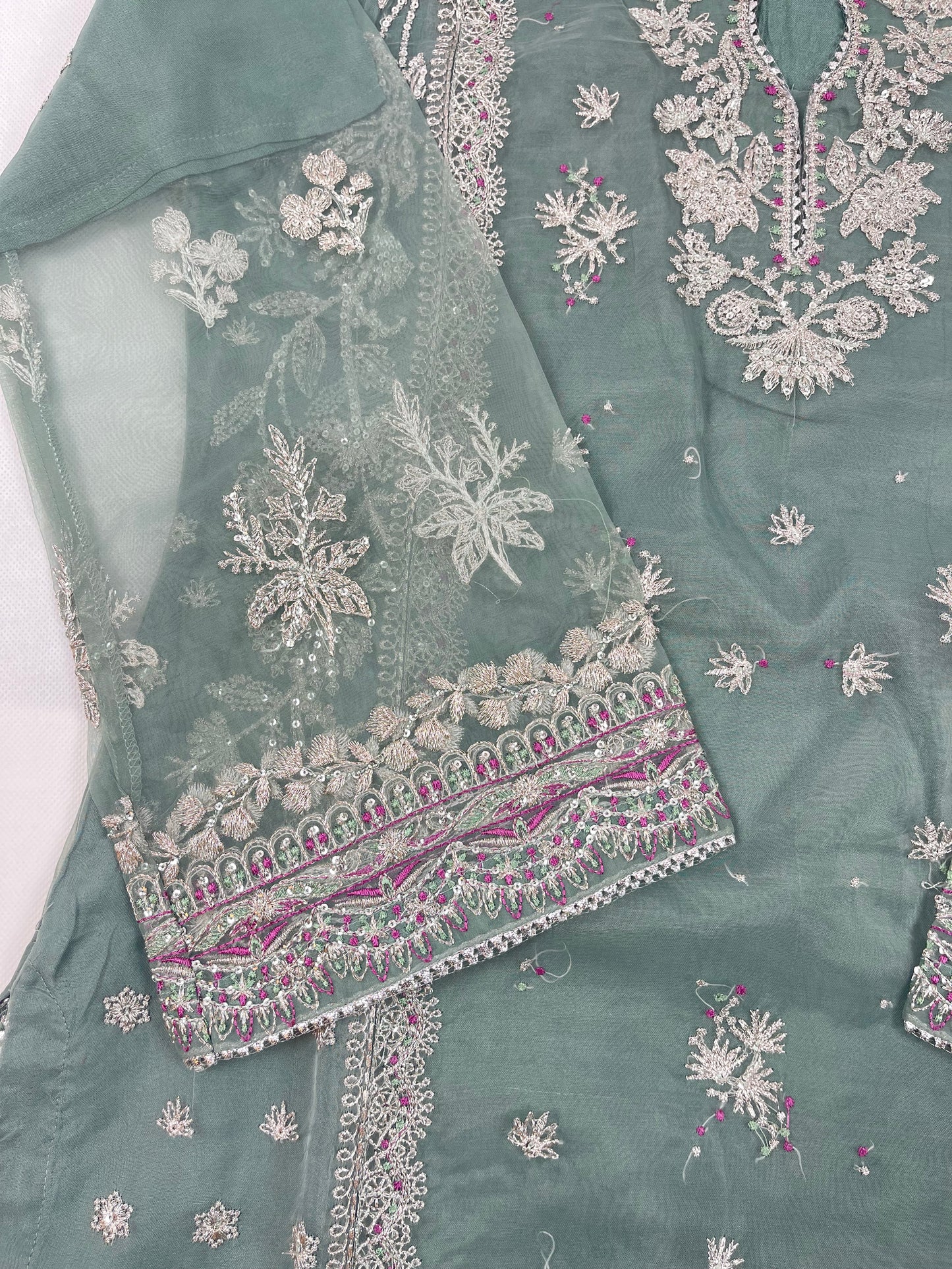 Luxury 3-Piece Stitched Organza Suit – Olive Green &amp; Silver Tilla