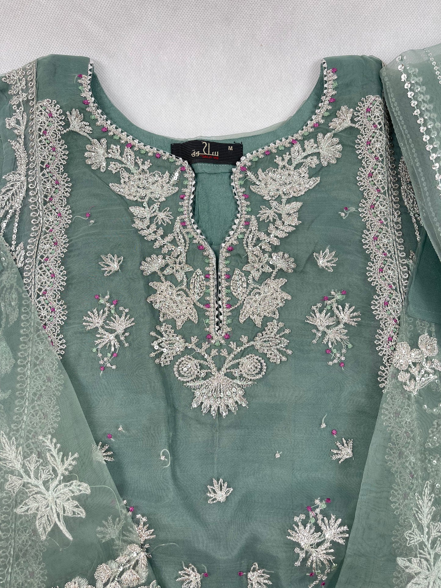 Luxury 3-Piece Stitched Organza Suit – Olive Green &amp; Silver Tilla