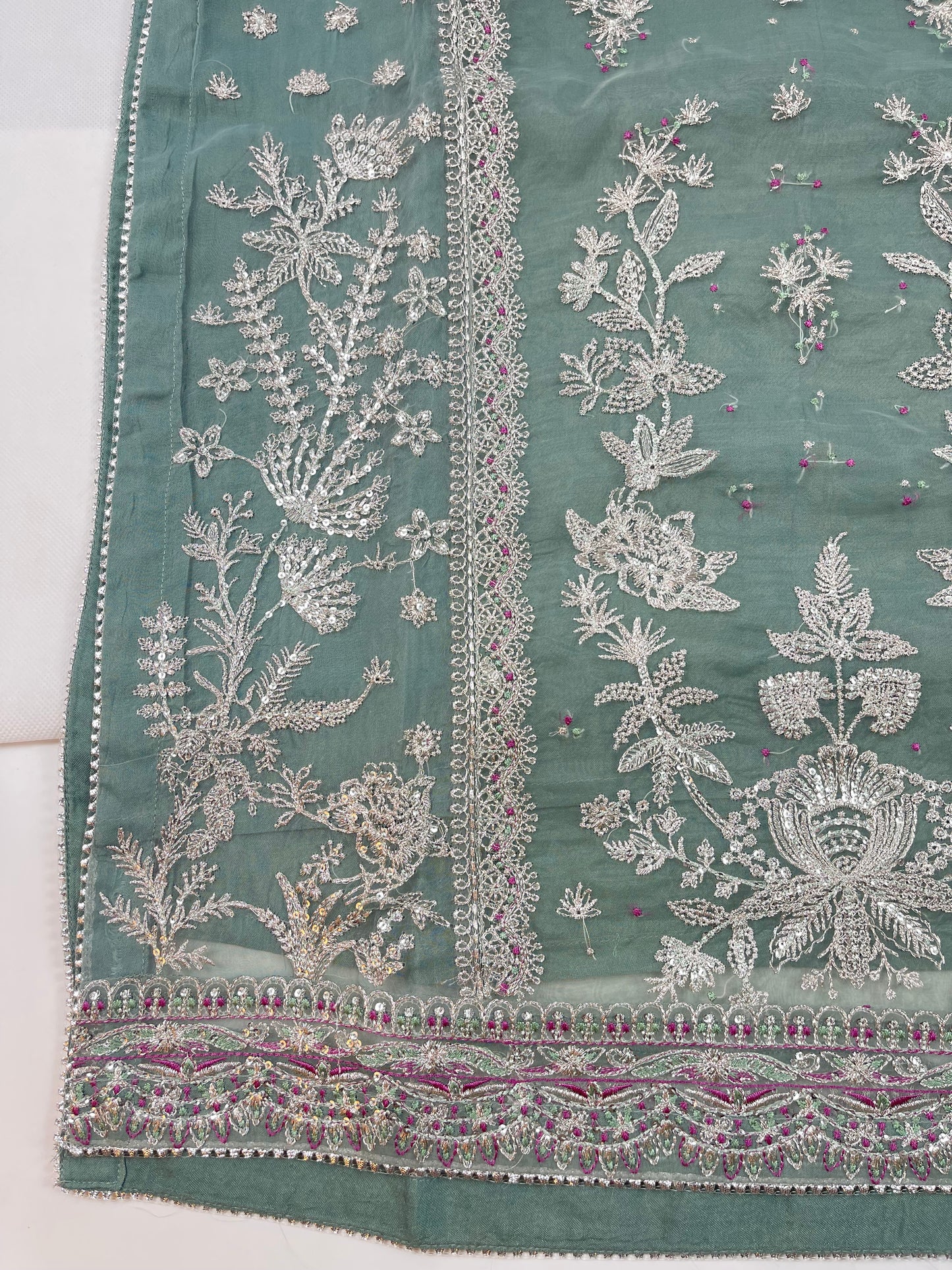 Luxury 3-Piece Stitched Organza Suit – Olive Green &amp; Silver Tilla