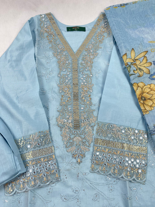 Luxury 3-Piece Stitched Banadora Lawn Suit – Sky Blue &amp; Silver