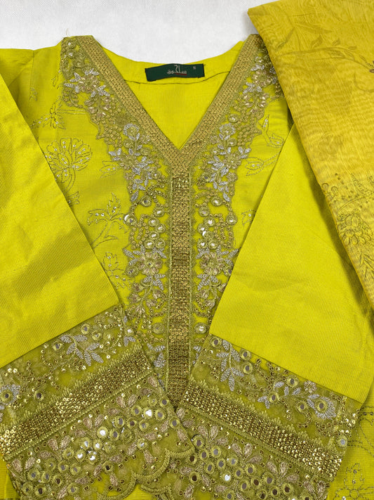 Luxury 3-Piece Stitched Banadora Lawn Suit – Parrot Green &amp; Silver