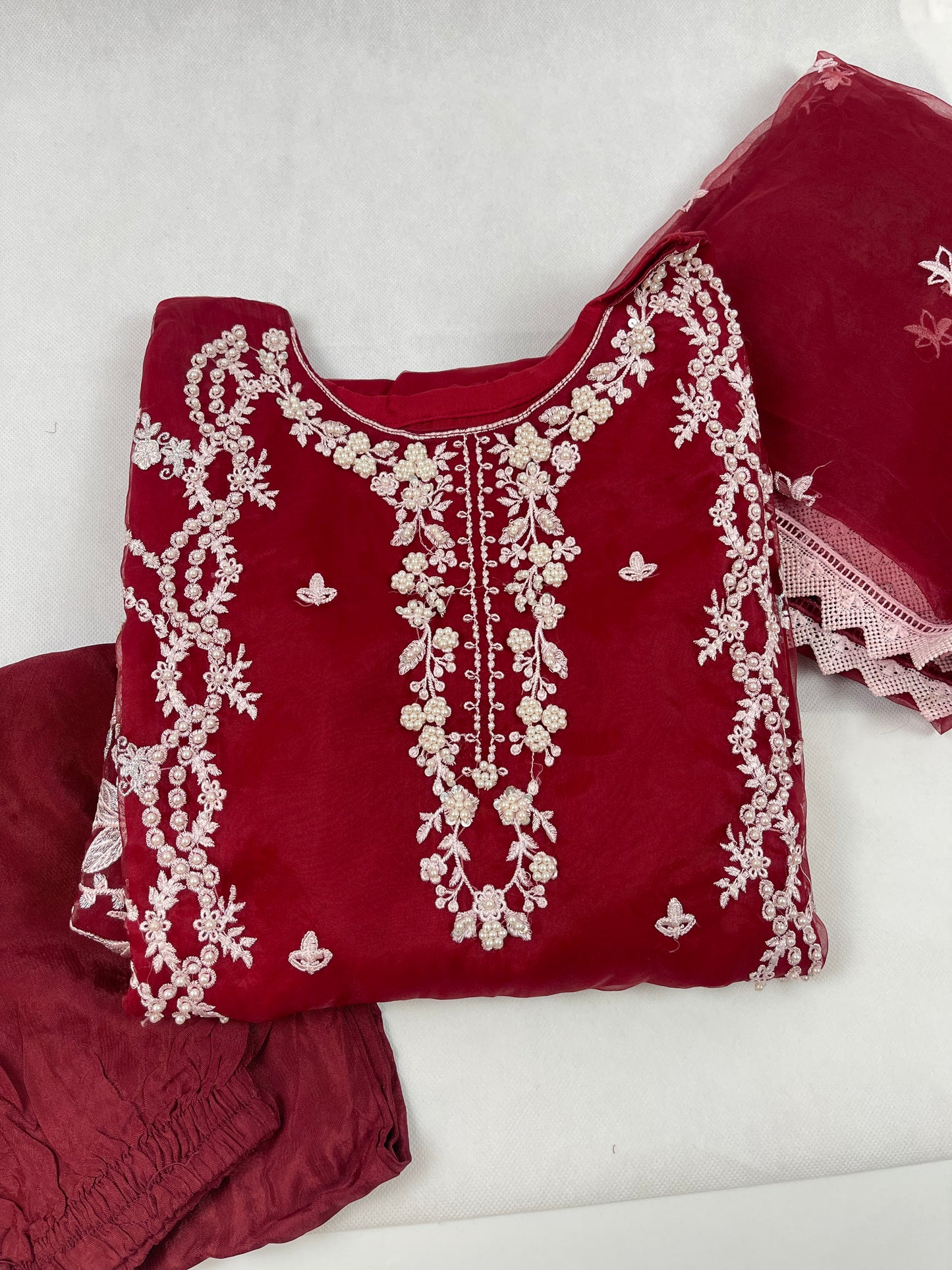 Luxury 3-Piece Stitched Organza Suit – Maroon &amp; White (Hand-Work Edition)