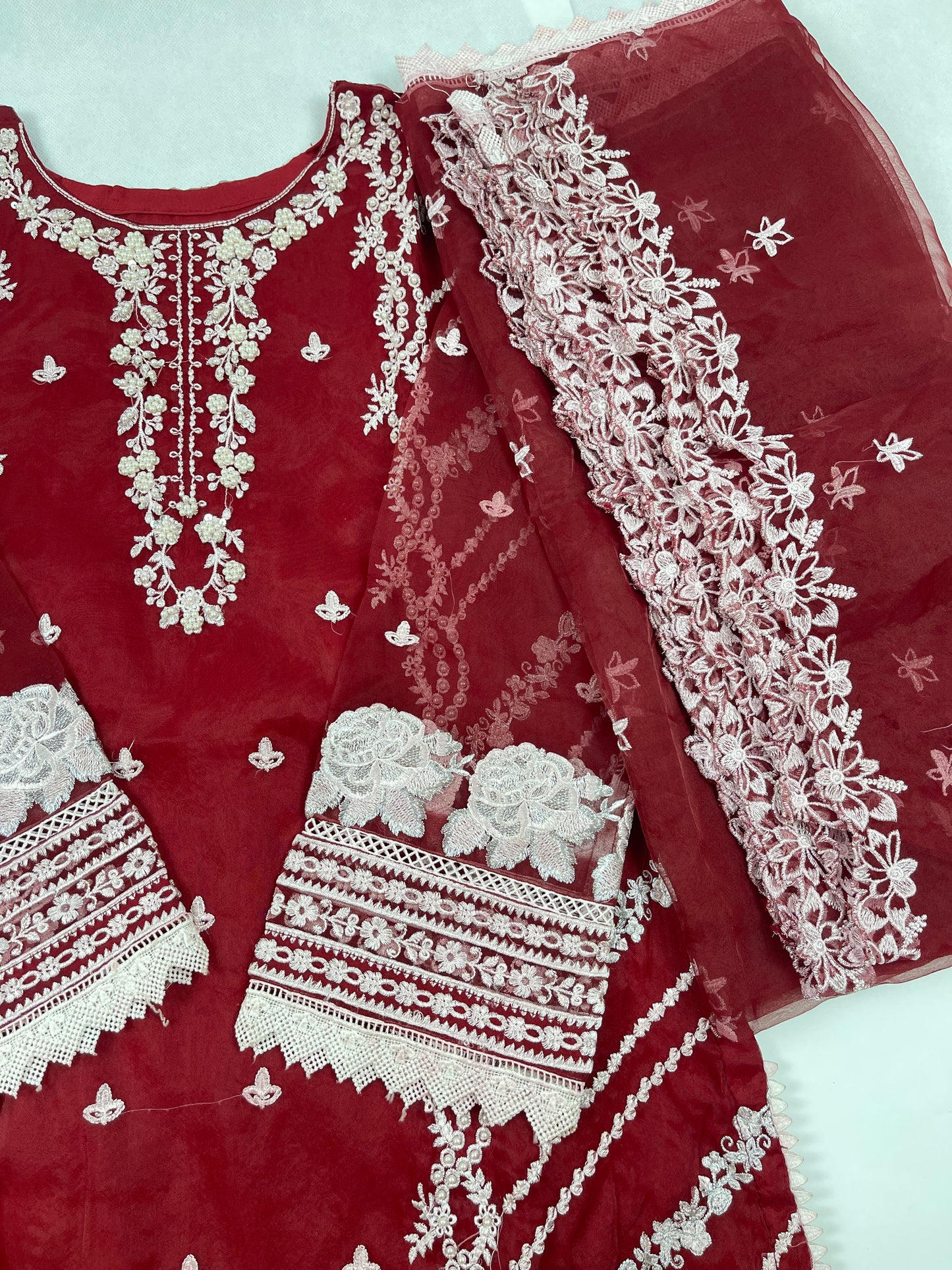 Luxury 3-Piece Stitched Organza Suit – Maroon &amp; White (Hand-Work Edition)
