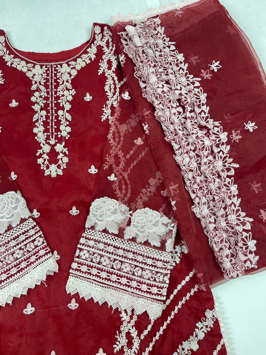 Luxury 3-Piece Stitched Organza Suit – Maroon &amp; White (Hand-Work Edition)