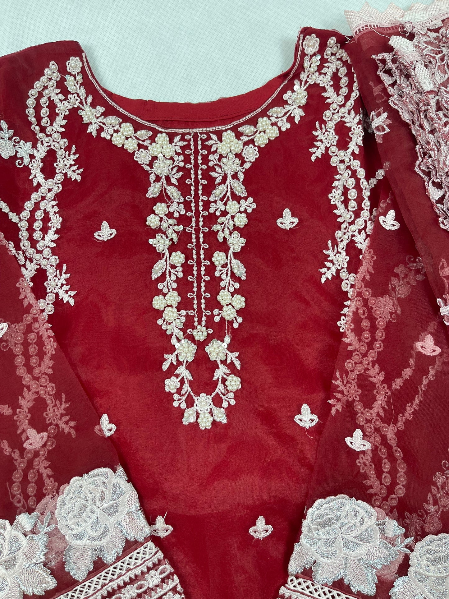 Luxury 3-Piece Stitched Organza Suit – Maroon &amp; White (Hand-Work Edition)