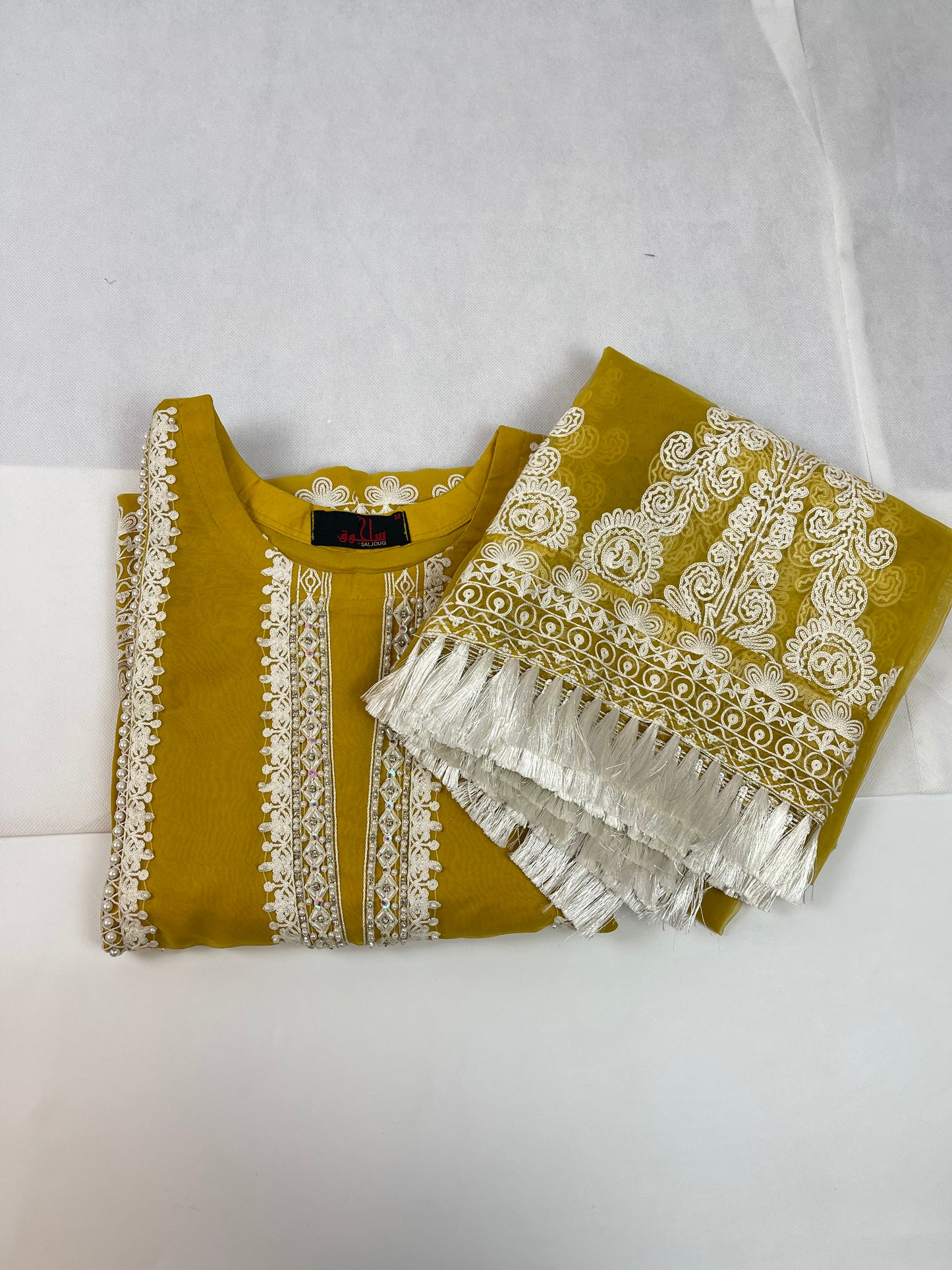 Luxury 3-Piece Stitched Organza Suit – Mustard &amp; Ivory (Hand-Work Edition)