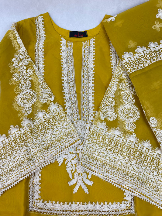 Luxury 3-Piece Stitched Organza Suit – Mustard &amp; Ivory (Hand-Work Edition)