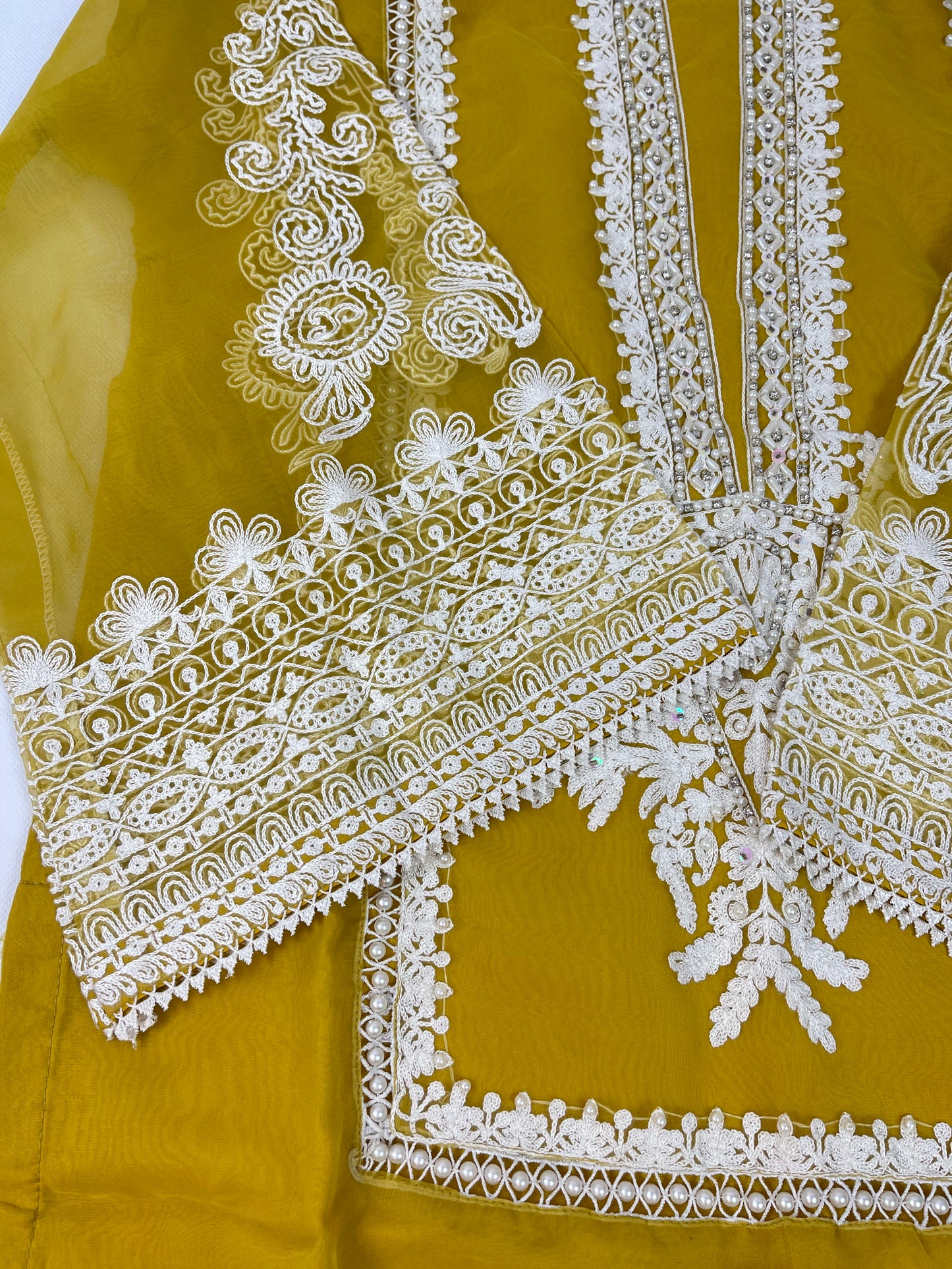 Luxury 3-Piece Stitched Organza Suit – Mustard &amp; Ivory (Hand-Work Edition)
