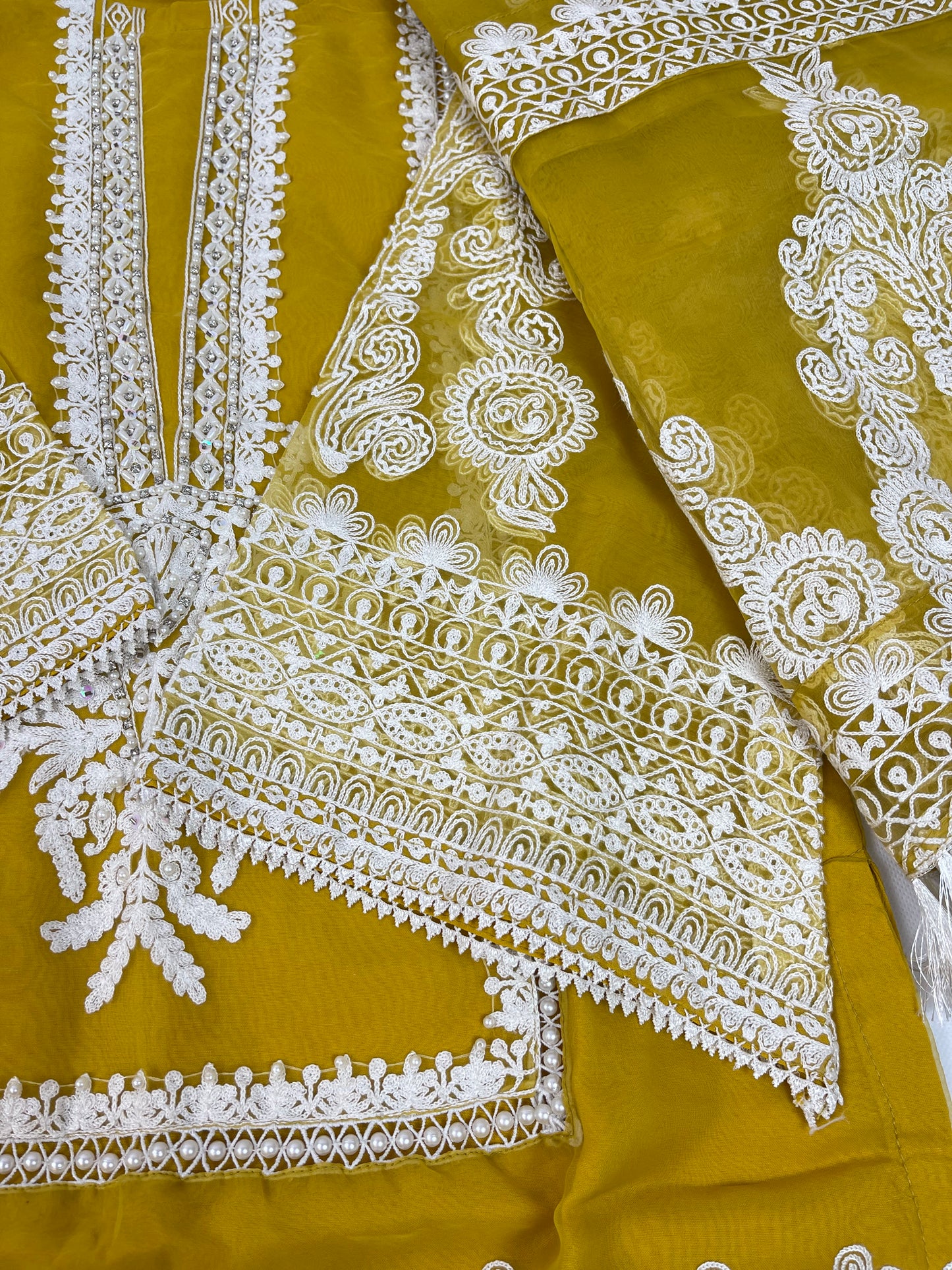 Luxury 3-Piece Stitched Organza Suit – Mustard &amp; Ivory (Hand-Work Edition)