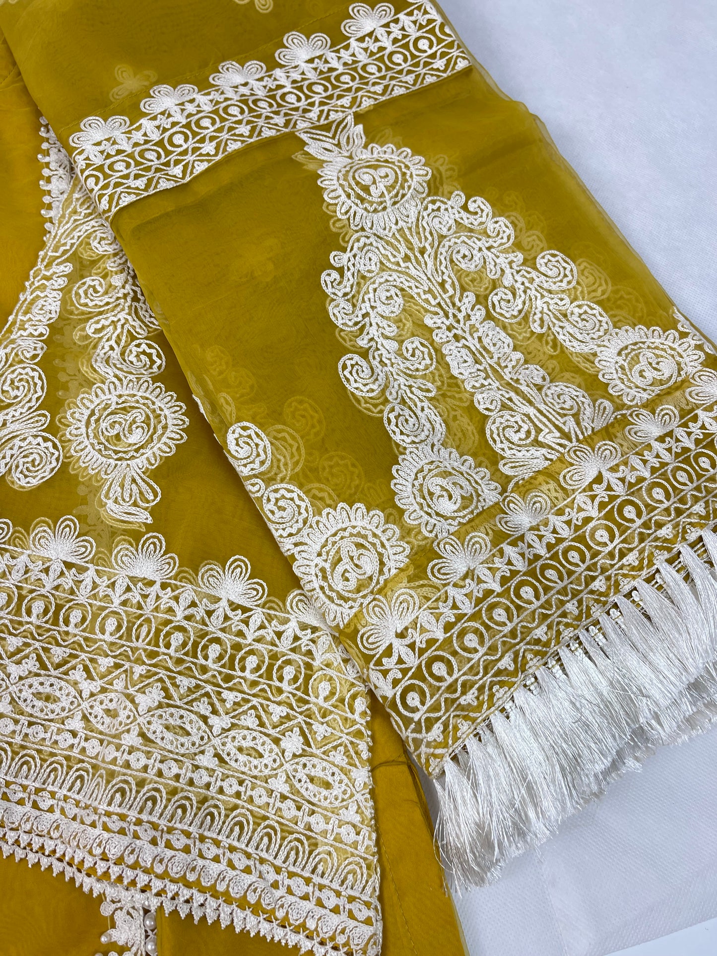 Luxury 3-Piece Stitched Organza Suit – Mustard &amp; Ivory (Hand-Work Edition)