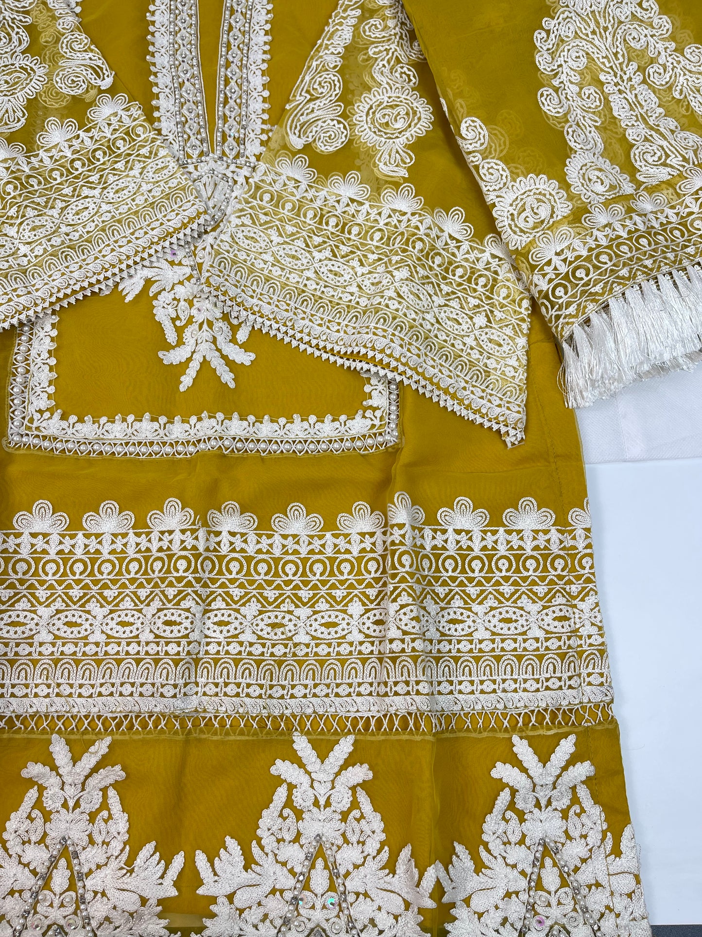 Luxury 3-Piece Stitched Organza Suit – Mustard &amp; Ivory (Hand-Work Edition)