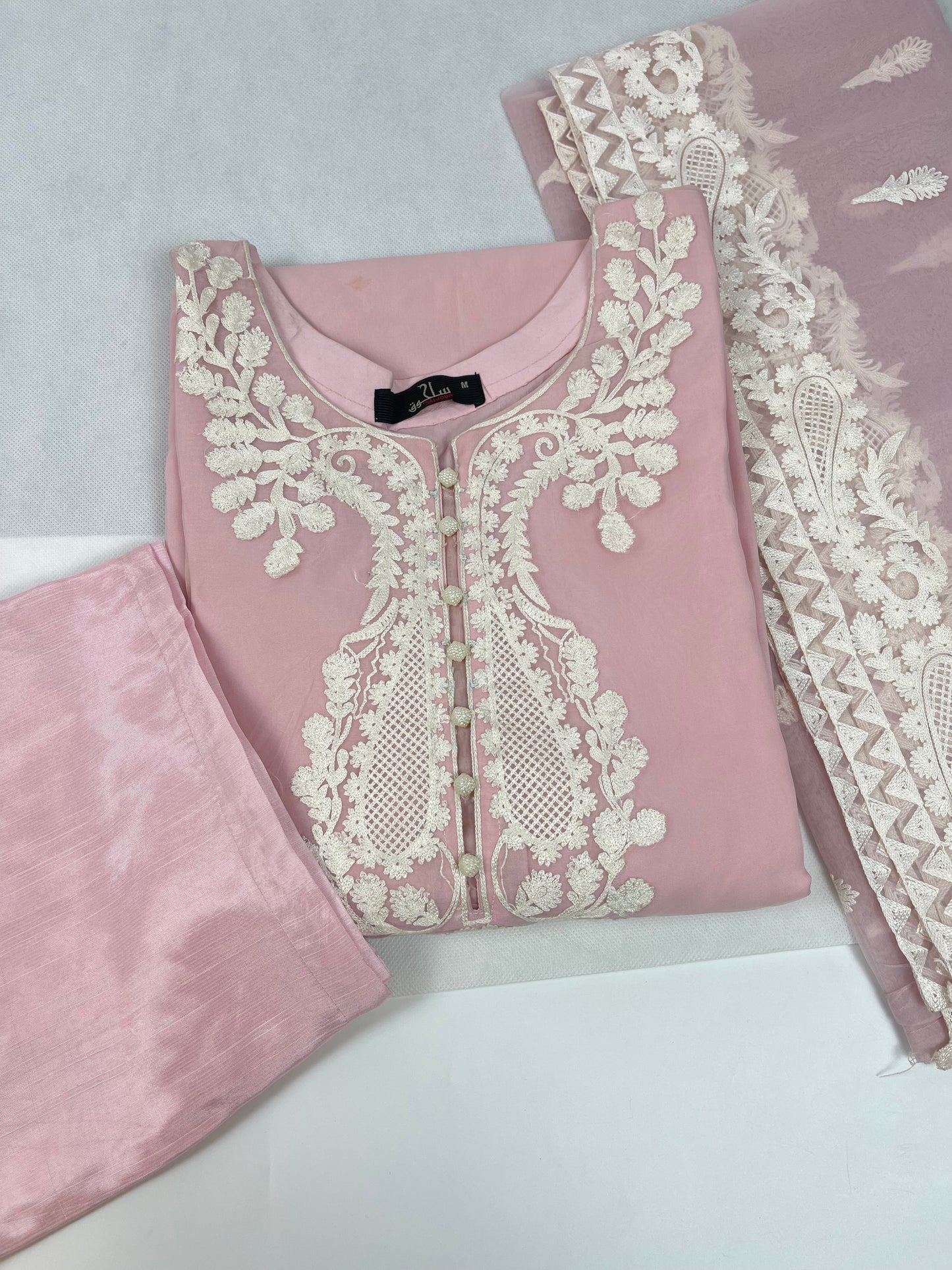 Luxury 3-Piece Stitched Organza Suit – Baby Pink &amp; White (BEST SELLER)