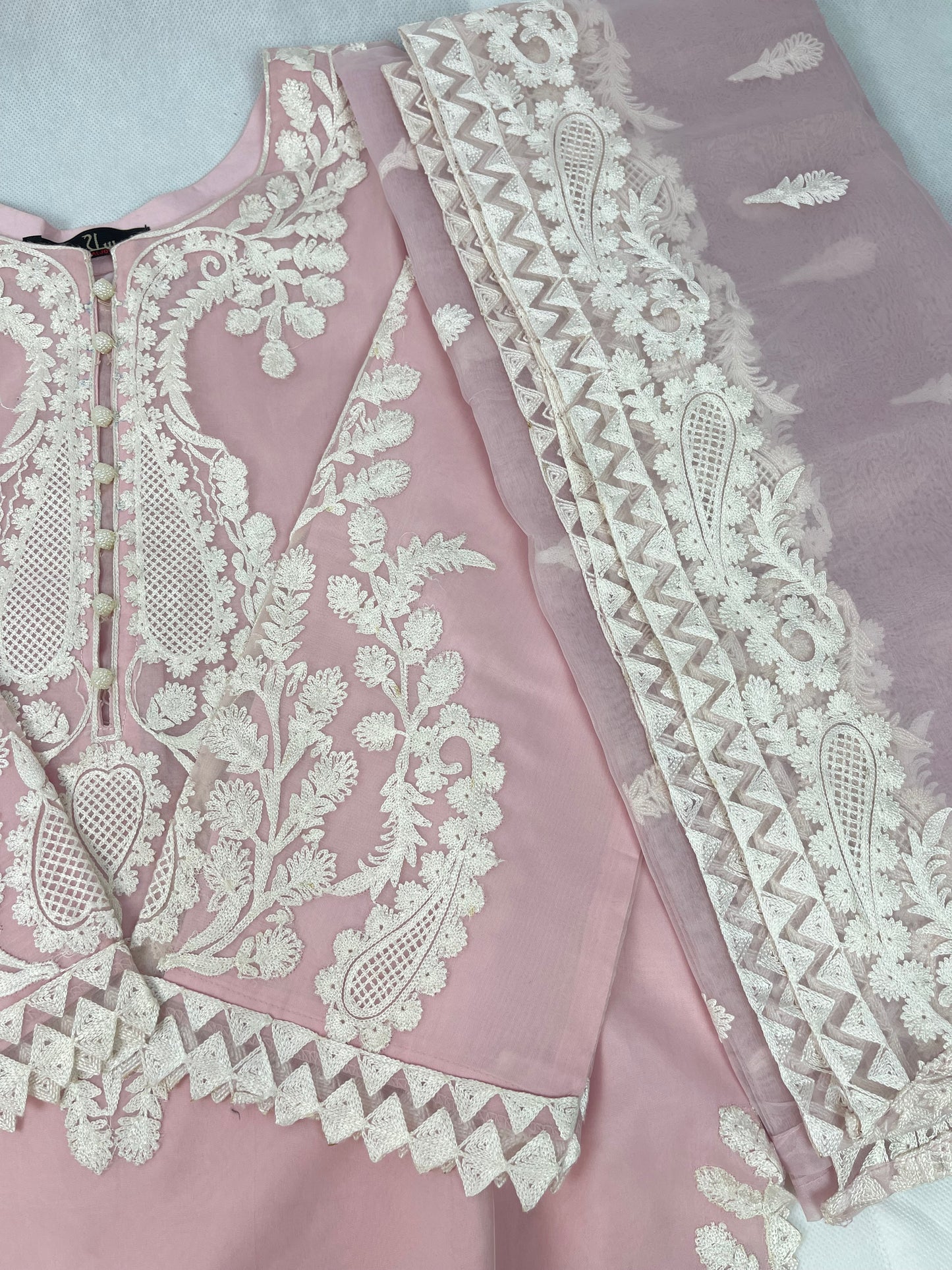 Luxury 3-Piece Stitched Organza Suit – Baby Pink &amp; White (BEST SELLER)