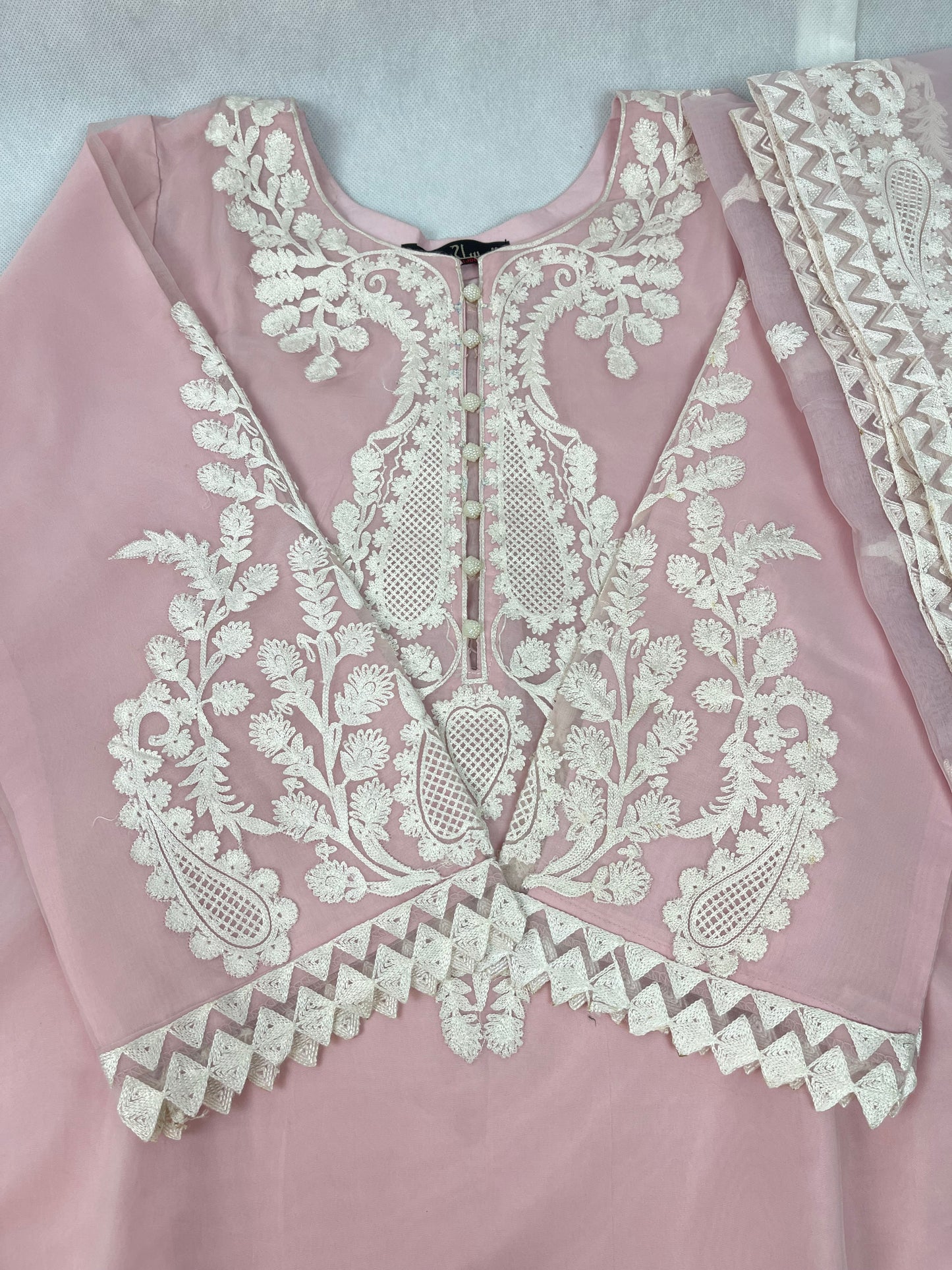 Luxury 3-Piece Stitched Organza Suit – Baby Pink &amp; White (BEST SELLER)