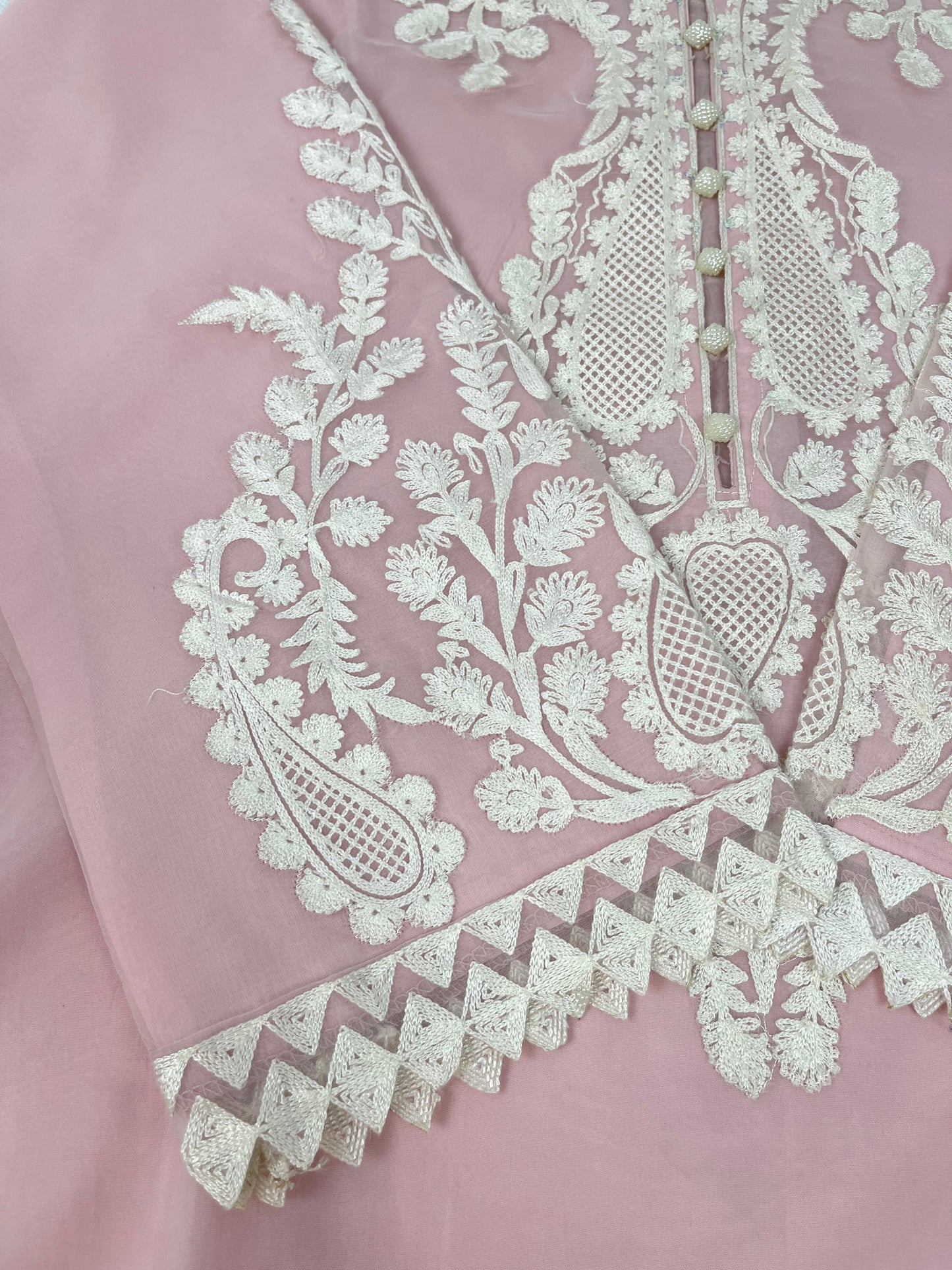 Luxury 3-Piece Stitched Organza Suit – Baby Pink &amp; White (BEST SELLER)