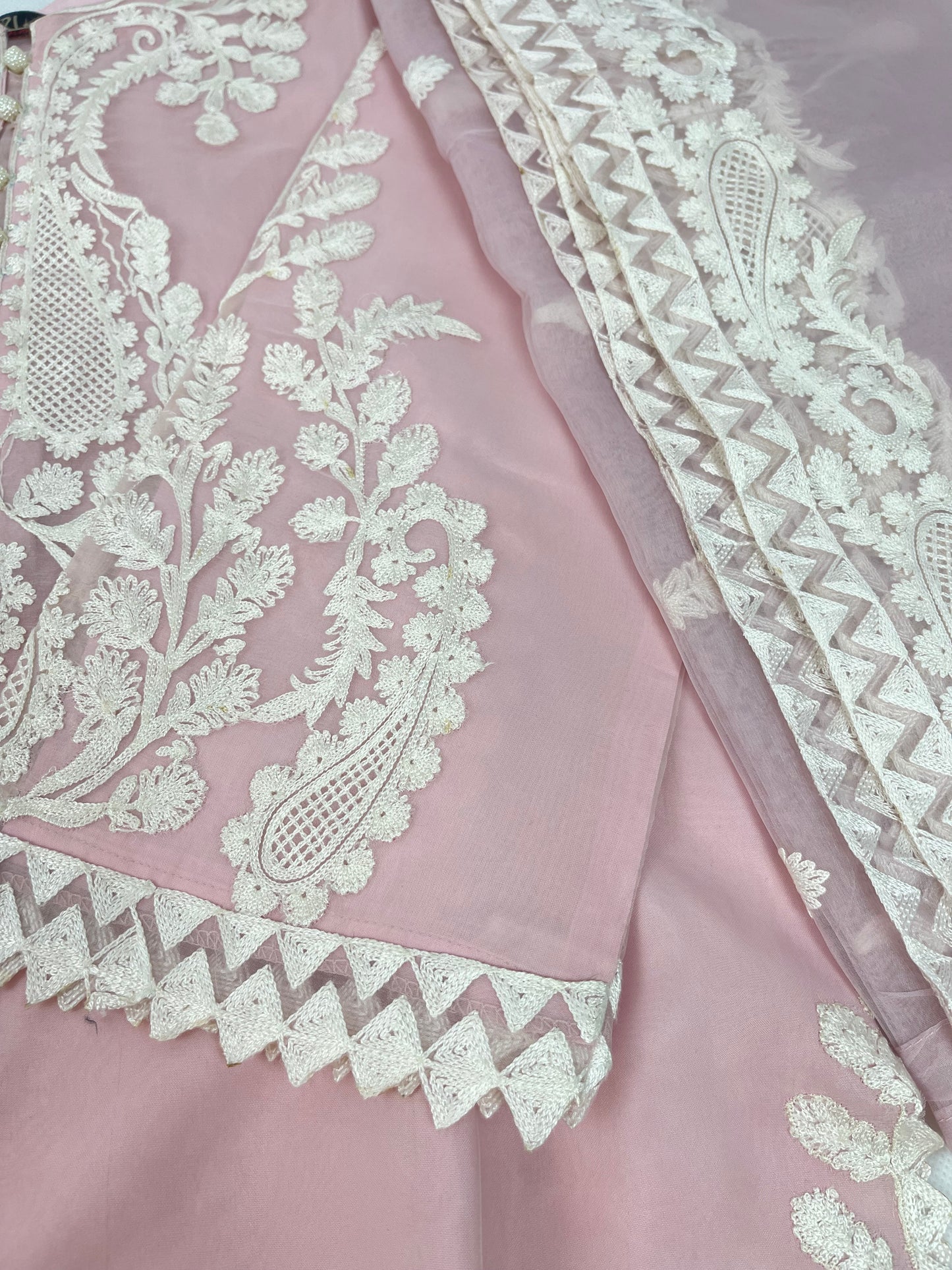 Luxury 3-Piece Stitched Organza Suit – Baby Pink &amp; White (BEST SELLER)
