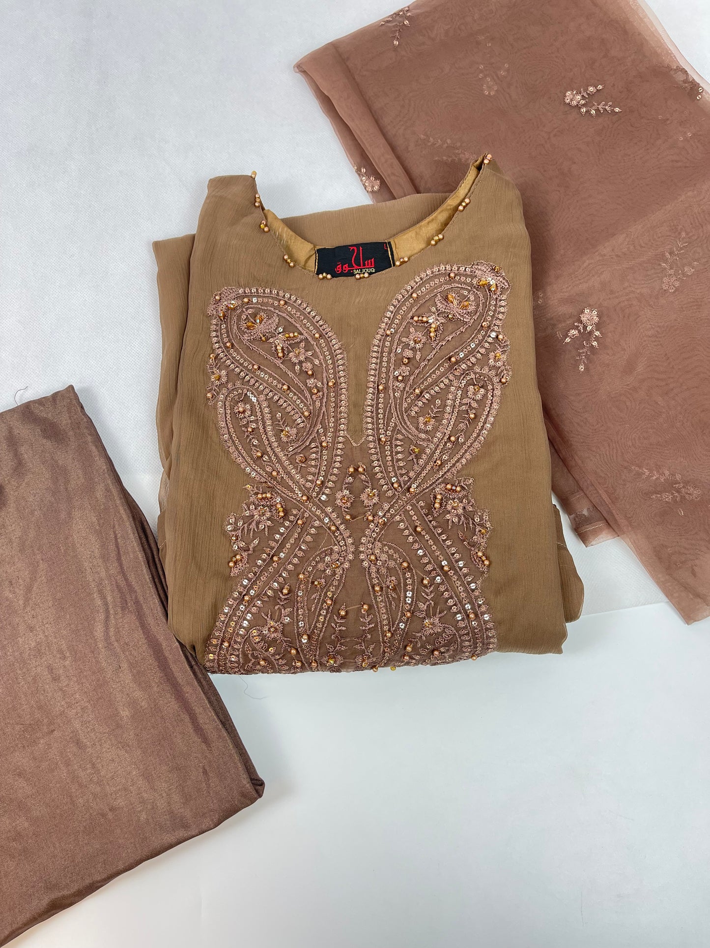 Luxury 3-Piece Stitched Chiffon Suit – Mocha Coffee