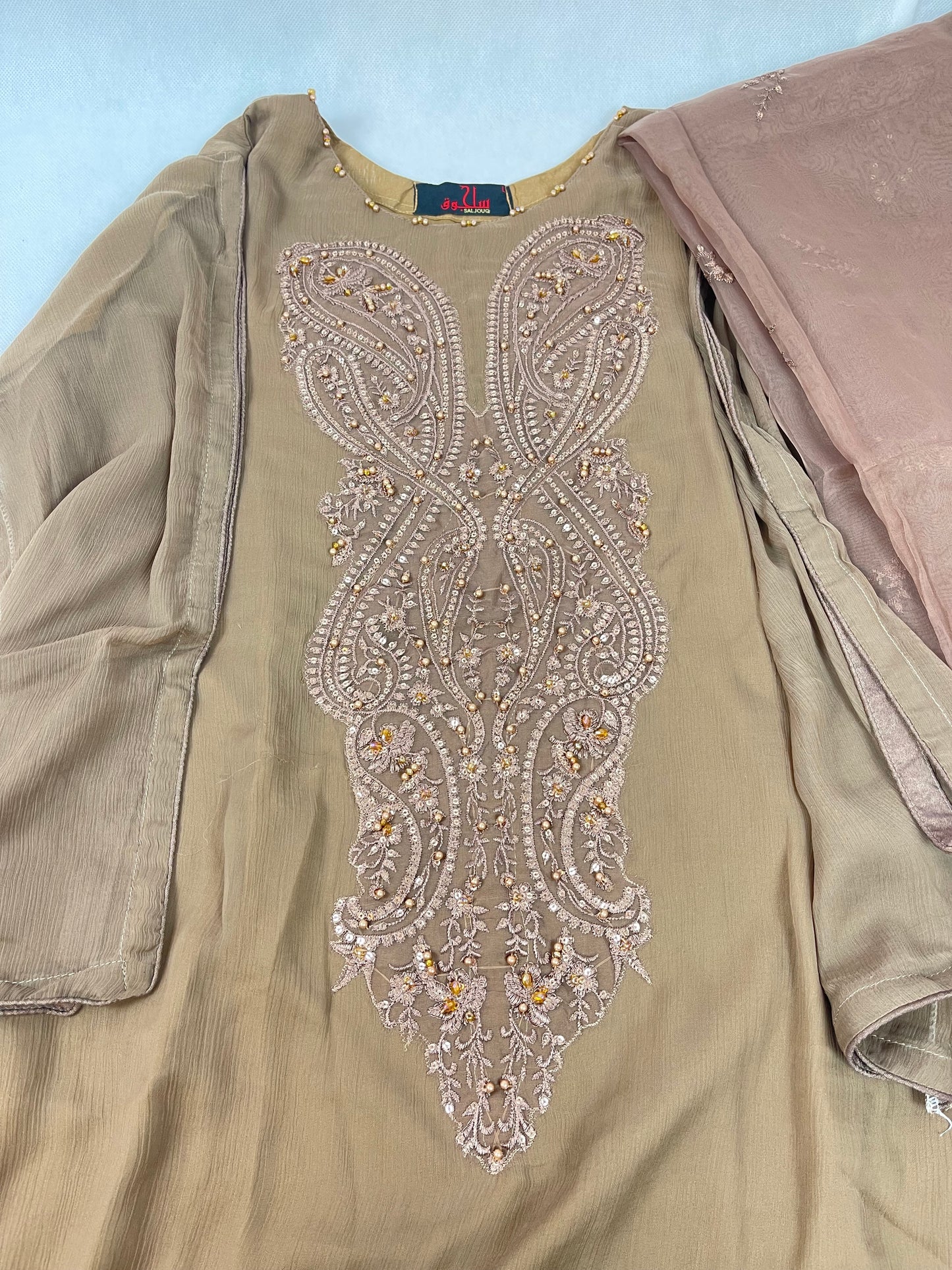 Luxury 3-Piece Stitched Chiffon Suit – Mocha Coffee