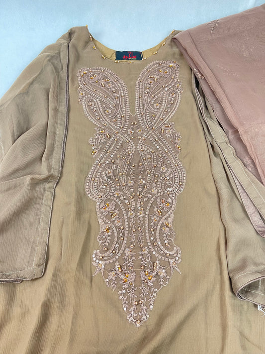 Luxury 3-Piece Stitched Chiffon Suit – Mocha Coffee