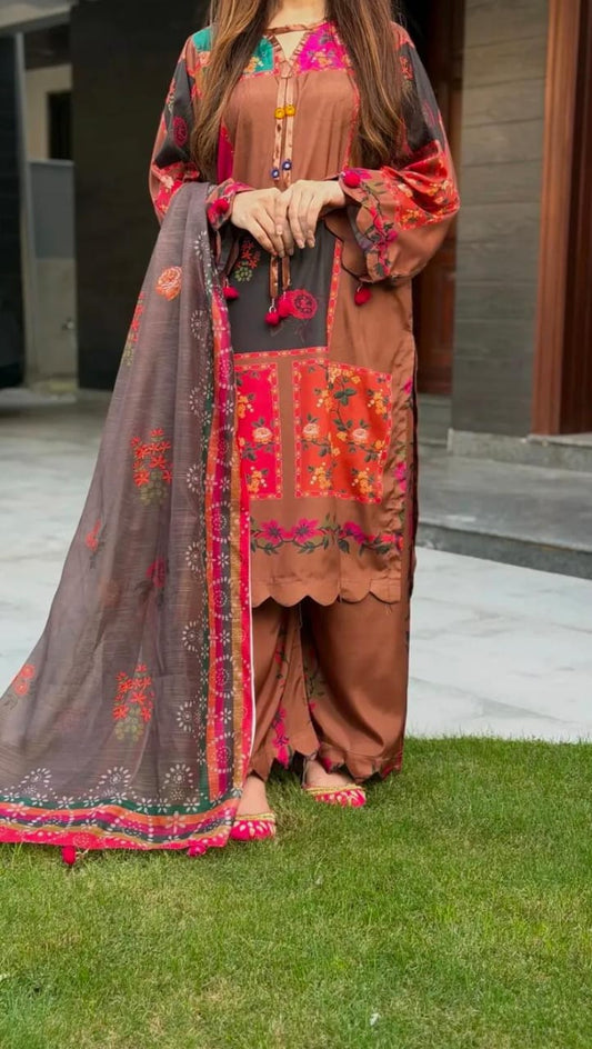 3 Piece Printed Suit - (Pret)