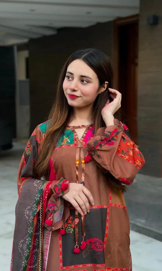 3 Piece Printed Suit - (Pret)